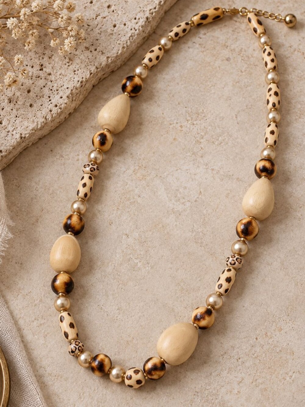 Signed Vintage Joan Rivers Wooden Bead Necklace – 18" Gold Retro Animal Print